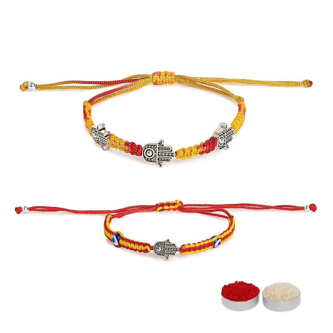 El Regalo 2 Hamsa Hand Evil Eye OM Rakhi Combo - Rakshabandhan Moli Charms Rakhi with Message Card & Roli Chawal Shagun in Rakhi Box for Bhaiya/Babhi/Bhatija/Bhatiji (Option-1)