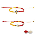 El Regalo 2PCs Red & Yellow Thread Bracelet Rakhi Combo Set for Brother- Auspicious OM, Ganesha, Shree, Trident, Damroo Mauli Rakhi with Roli Chawal Shagun, Message Card in Rakhi Gift Box (Option-3)