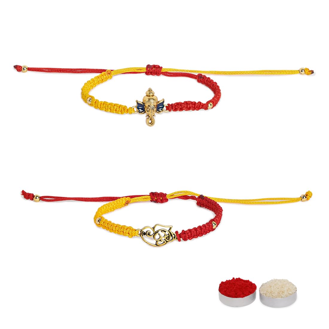 El Regalo 2PCs Red & Yellow Thread Bracelet Rakhi Combo Set for Brother- Auspicious OM, Ganesha, Shree, Trident, Damroo Mauli Rakhi with Roli Chawal Shagun, Message Card in Rakhi Gift Box (Option-3)