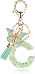 El Regalo Personalized Name Initials Butterfly Charm Keychain - Name Letters Keyring with Green Butterfly & Stars Filled Resin & Tassel Pendant, Purse, Bag, Backpack Accessory (Letter C)