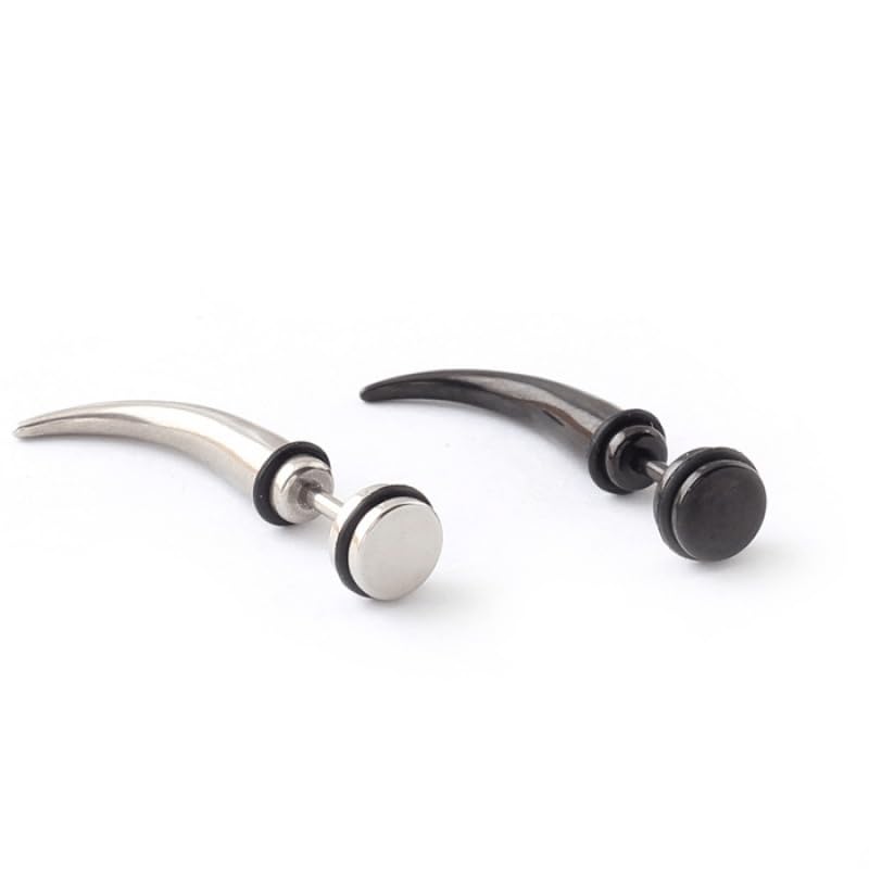 El Regalo 2Pcs Punk Stainless Steel Ear Stud Earrings for Boys/Men- Horn Style Spike Men's Cool Gothic Hippie Earrings (1 Black & 1 Silver)
