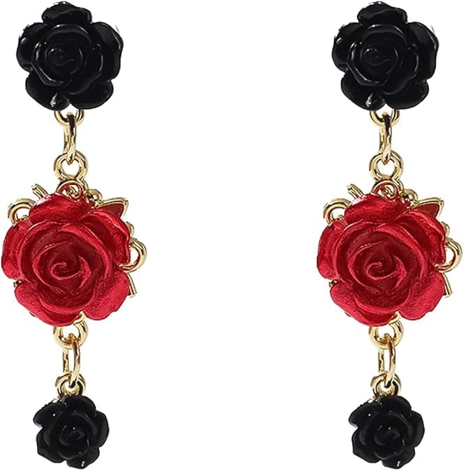 El Regalo Vintage Resin Rose Flower Stud Earrings for Girls & Women - Pretty Blooming Carved Rose Dangle Drop Earrings Statement Jewelry (Black & Red)