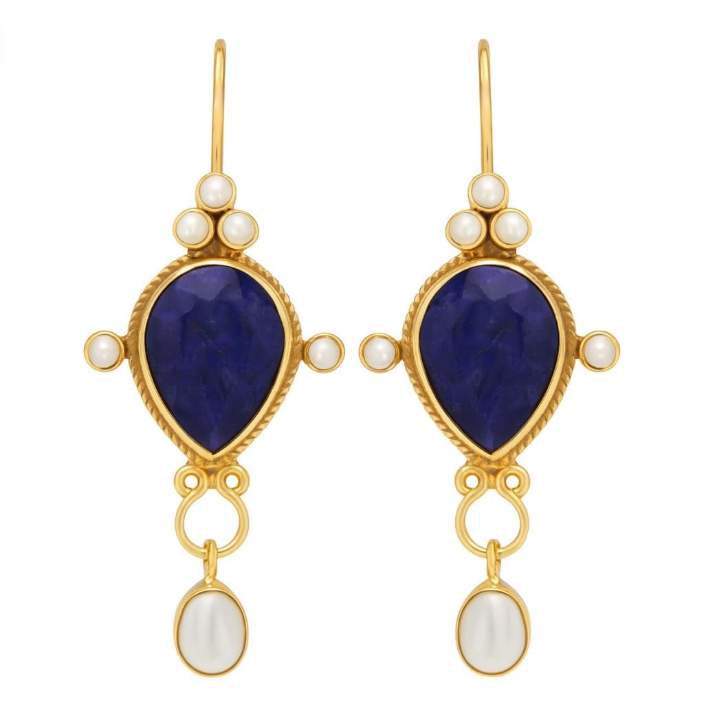 El Regalo Beautiful Traditional Drop Earrings with Pearls for Women & Girls - Elegant Gold Plated Hook Earrings (Blue Sapphire)