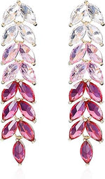 El Regalo Gradient Crystal Long Chandelier Tassel Dangle Earrings - Rhinestone Leaf Drop Statement Earrings for Women, Lightweight, Comfortable, Sparkling Jewelry (Pink)