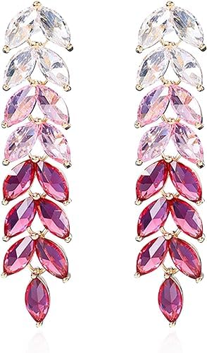 El Regalo Gradient Crystal Long Chandelier Tassel Dangle Earrings - Rhinestone Leaf Drop Statement Earrings for Women, Lightweight, Comfortable, Sparkling Jewelry (Pink)