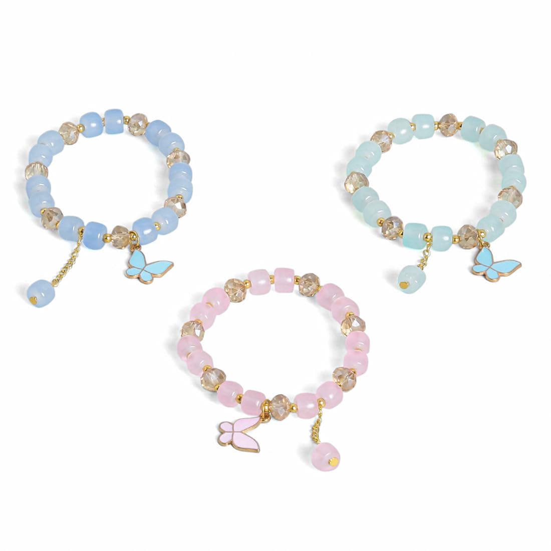 El Regalo 3PCs Butterfly Crystal Beads Tassel Bracelet Combo With Cute Enamel Butterfly Charms for Girls/Teens/Women (Option-1)
