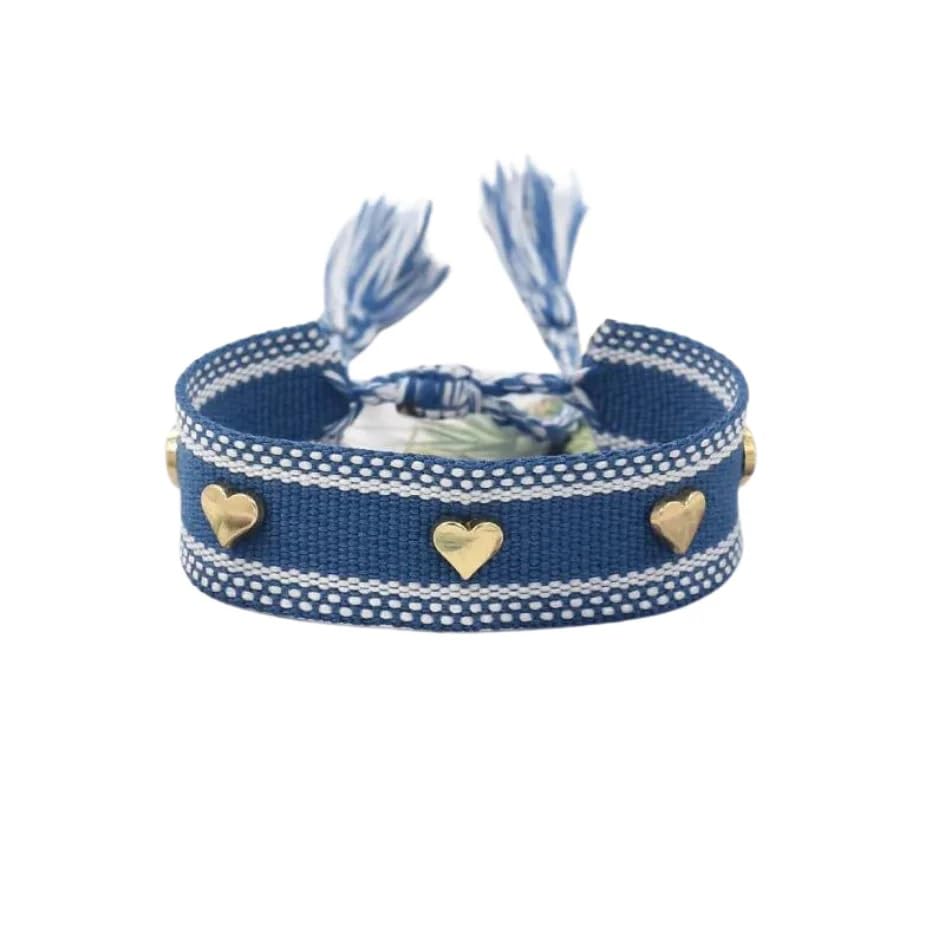 El Regalo Bohemian Style Heart Charm Rivet Tassel Unisex Bracelet | Handcrafted Woven Rope Bracelet with Golden Heart Charms and Adjustable Knot Closure (Blue)