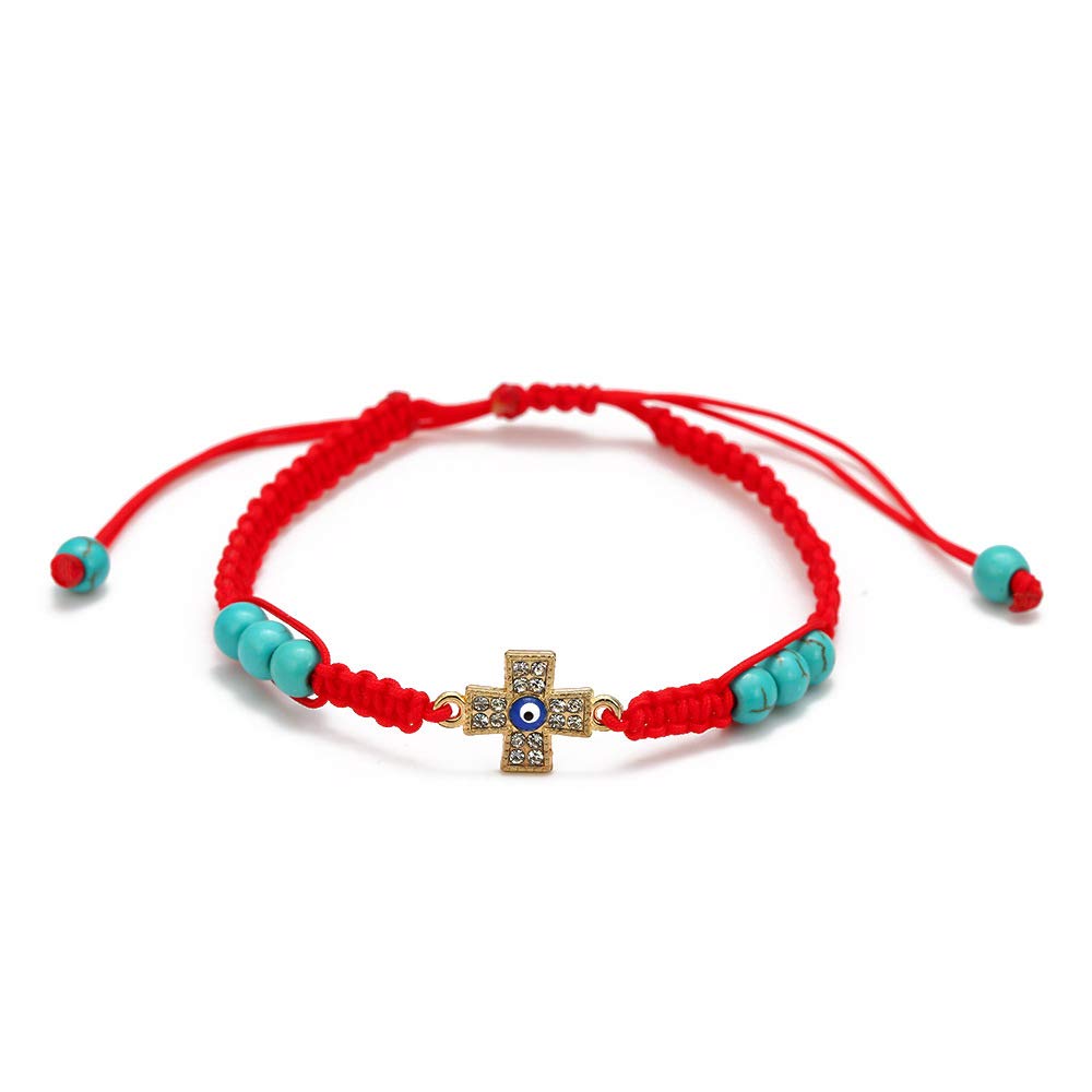 El Regalo Unisex 1 PC Lucky Evil Eye Braided Adjustable Strand Black & Red String Turquoise Bracelets | Protection & Good Luck Rope Cord Bracelets (Red Turquoise Cross Evil Eye)