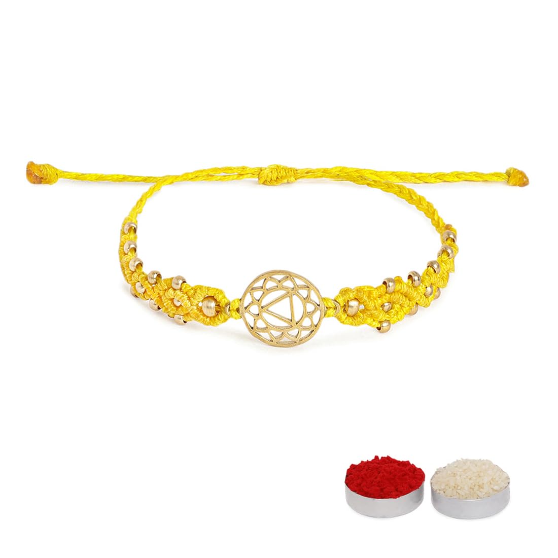 El Regalo 1PC Chakra Rakhi for Brother- Designer Chakra Reiki Healing Symbols Hand Braided Rakhi with shagun, Rakhi Card in Gift Box for Bhaiya/Bhabhi/Niece/Nephew (Solar Plexus Chakra)
