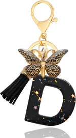 El Regalo Personalized Name Initials Butterfly Charm Keychain - Name Letter Keyring with Black & Golden Tassel & Butterfly Pendant, Purse, Bag, Backpack Accessory (D Letter)