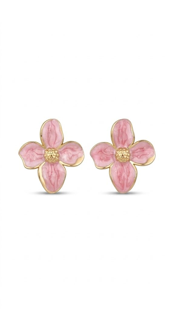 El Regalo Luxurious Oil Drip Flower Stud Earrings for Women & Girls | Stainless Steel Floral Studs | Anti-Tarnish, Skin Friendly Enamel Jewelry | Gift for Her (Floral Collection) (Pink- Gold)