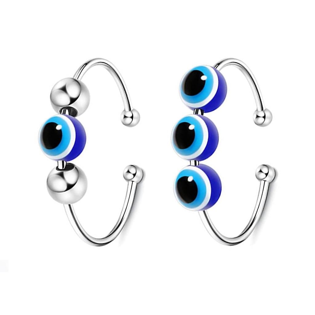 El Regalo 2PCs Eye Catching Fidget Meditation Adjustable Finger Rings for Girls & Women- Retro Blue Evil Eyes Opening Adjustable Rotating Beads Rings