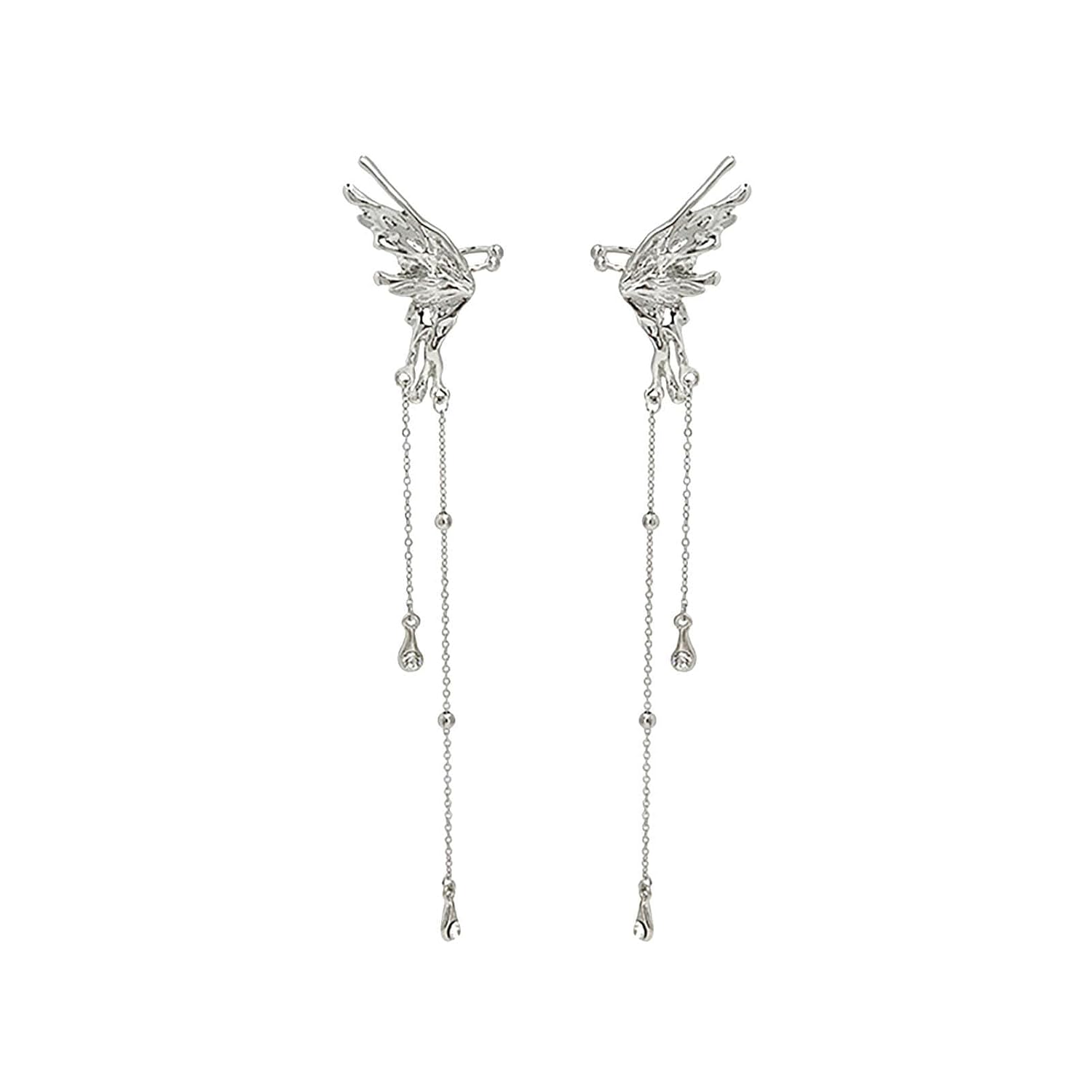 El Regalo Fairy Butterfly Tassel Non Piercing Cuff Earrings - Long Angel Wings Ear Bone Clip Earring for Non Pierced Ears