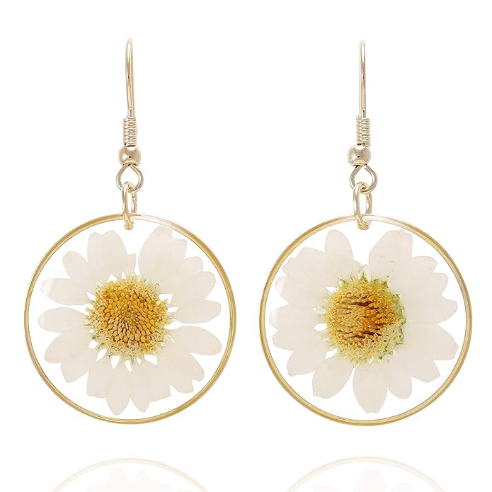 El Regalo Natural Pressed Daisy Flower Earrings- Handmade Nature Dry Flowers Earrings for Women Girls Teens (White)