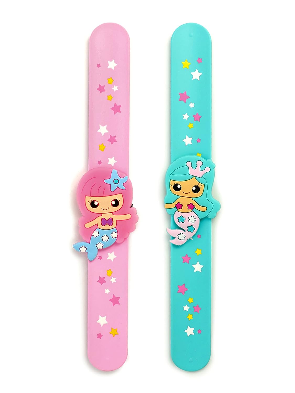 El Regalo 2 PCs Mermaid Snap Silicon Slap Wristband for Girls & Boys- Kids Party Favors, Mermaid and Stars Slap Bands for Kids Girls Boys (Light Pink & Sea Green)