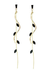 El Regalo Long Copper Zirconia Rhinestone Leaf Drop Dangle Earrings for Women | Korean Style Vine Fringe Earrings | Classy Party, Wedding & Casual Earrings Jewelry (Black)