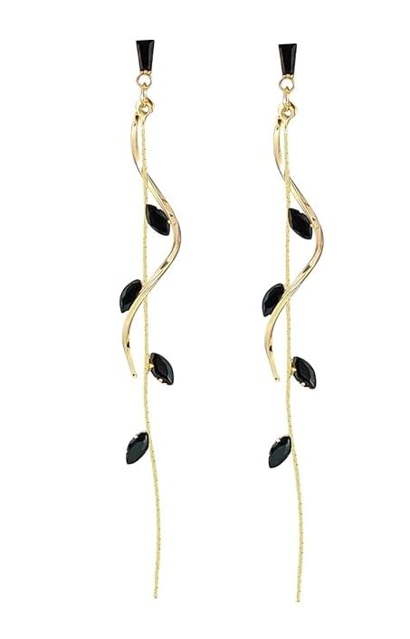 El Regalo Long Copper Zirconia Rhinestone Leaf Drop Dangle Earrings for Women | Korean Style Vine Fringe Earrings | Classy Party, Wedding & Casual Earrings Jewelry (Black)