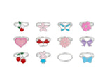 El Regalo 12 Pcs Cute Adjustable Rings Set for Kids/Girls/Women - Colorful Cartoon Enamel Finger Rings | Adjustable Cute Jewelry Gift Box - Butterfly, Flower, Bow, Heart, Cherry Designs (Style-3)