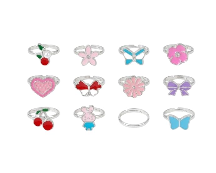 El Regalo 12 Pcs Cute Adjustable Rings Set for Kids/Girls/Women - Colorful Cartoon Enamel Finger Rings | Adjustable Cute Jewelry Gift Box - Butterfly, Flower, Bow, Heart, Cherry Designs (Style-3)