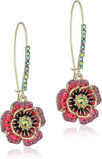 El Regalo Women's & Girl's 1 Pair Iridescent Flower Dangle Earrings - Hypoallergenic Gold-Tone with Mixed Stones Earrings (Red Rose Flower)