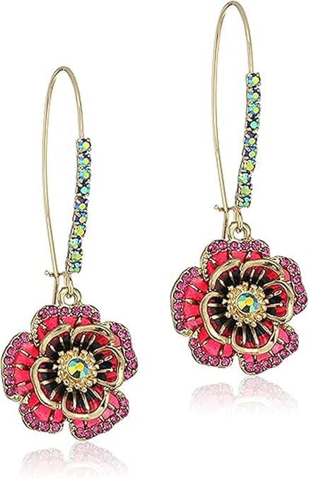 El Regalo Women's & Girl's 1 Pair Iridescent Flower Dangle Earrings - Hypoallergenic Gold-Tone with Mixed Stones Earrings (Red Rose Flower)