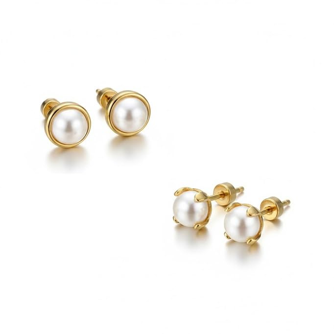 El Regalo 2 Pairs Pearl Stud Earrings for Women & Girls - Earrings Combo Set | 18K Gold Plated Anti Tarnish Stainless Steel | Hypoallergenic, Waterproof Studs Jewelry Combo (Classic & Bezel Style)