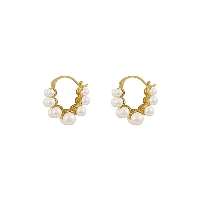 El Regalo Retro Elegant Double Row Imitation Pearl Oval Hoop Earrings for Women - Fashion Pearl Double Layer Ear Buckle Hoops