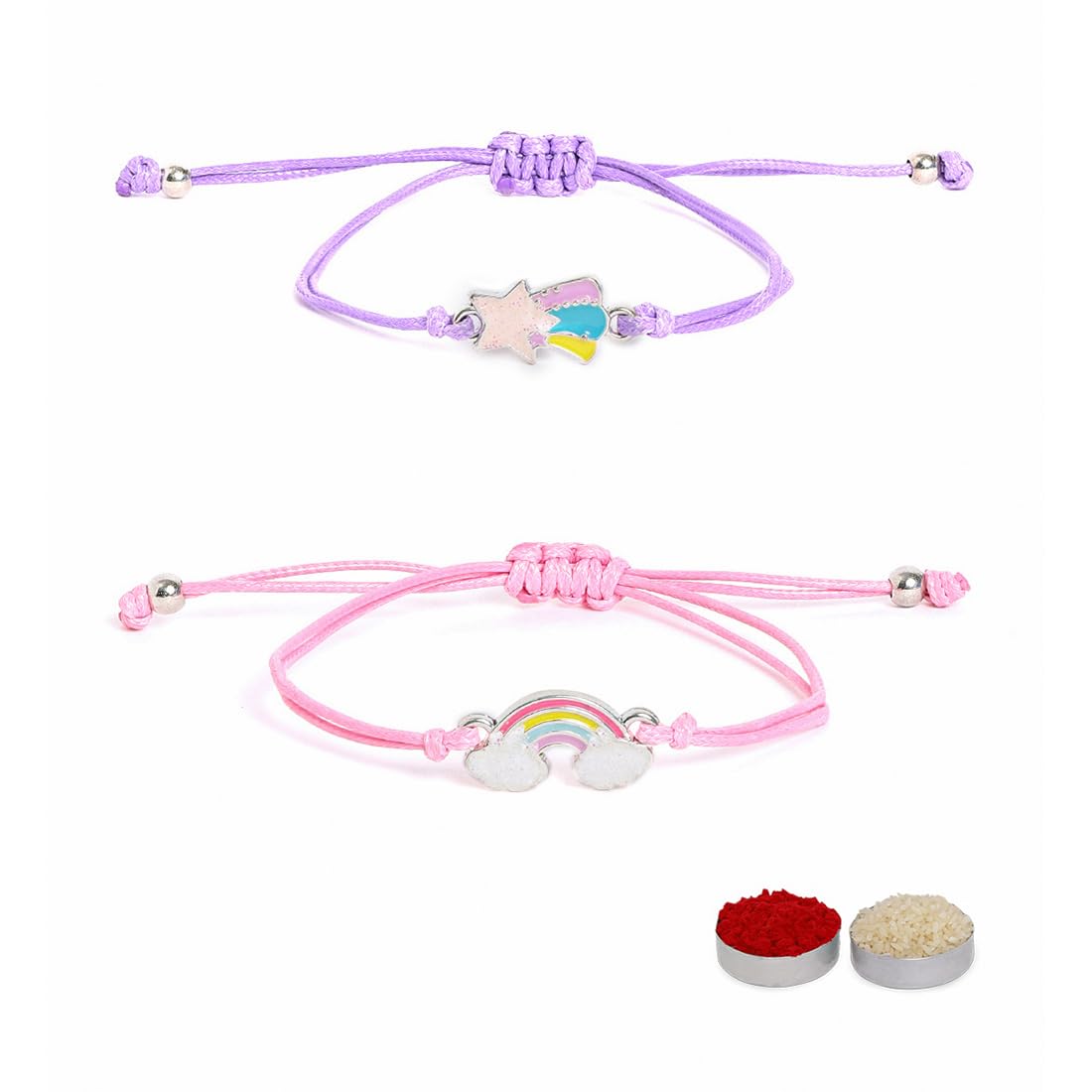 El Regalo 2PCs Cute Kids Bracelet Rakhi Combo Sets- Fancy Kids Rakhi for Brother/Sister with Roli Chwal, Rakhi Message Card in Rakhi Box for Babies/Toddlers/Kids (Rainbow & Star Rakhi)