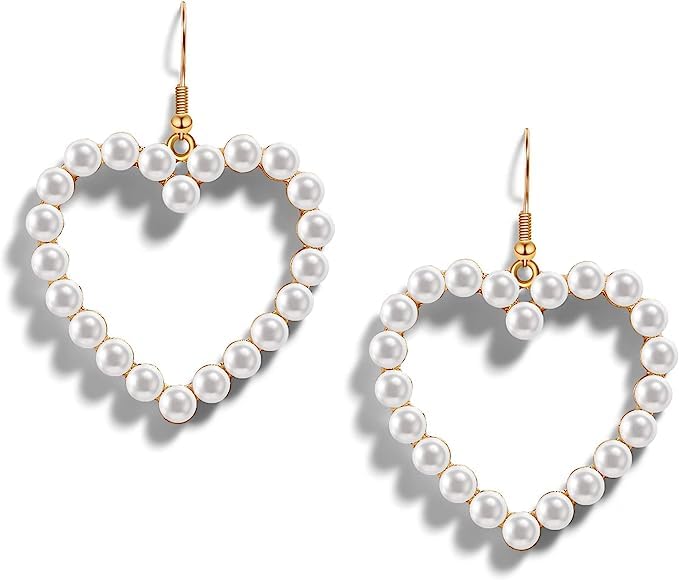 El Regalo Pearl Heart Drop Earrings - Love Heart Dangle Earrings For Girls/Women Pearl Heart Hoop Earrings