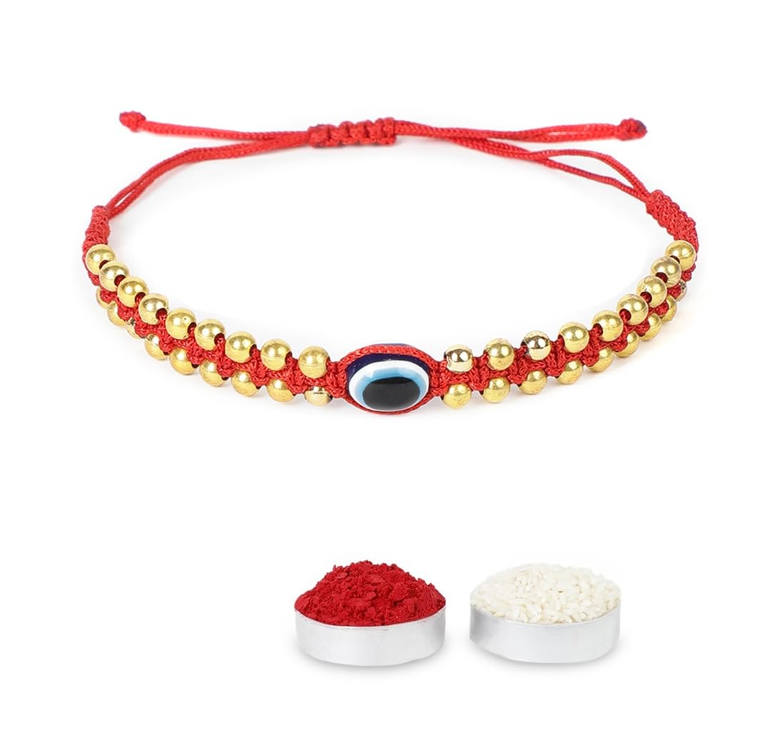 El Regalo Simple & Elegant Evil Eye Rakhi for Brother- Silver & Golden Beads Evil Eye Bracelet Rakhi for Brother/Bhai/Bhaiya with Roli Chawal in Rakhi Gift Box (Golden Red)