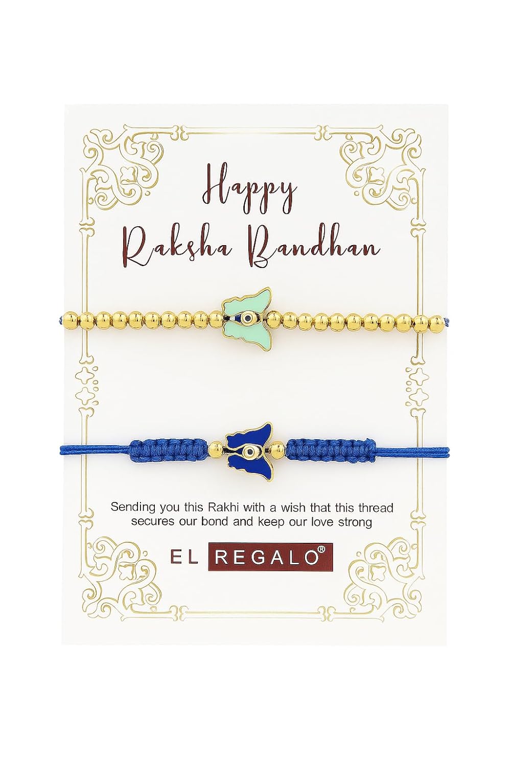 El Regalo 2PCs Evil Eye Rakhi Combo for Brother - Stylish Beaded & Thread Set with Roli Chawal - Raksha Bandhan Pack for Bhaiya, Boys, Girls, Men - Comes on Designer Rakhi Card (Option-1)