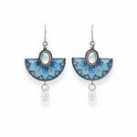 El Regalo Vintage Boho Lotus Flower Dangle Earrings for Women - Blue Enamel Fan-Shaped Drop Earrings with Iridescent Moonstone Center & Crystal Drip - Ethnic Gypsy Style Jewelry