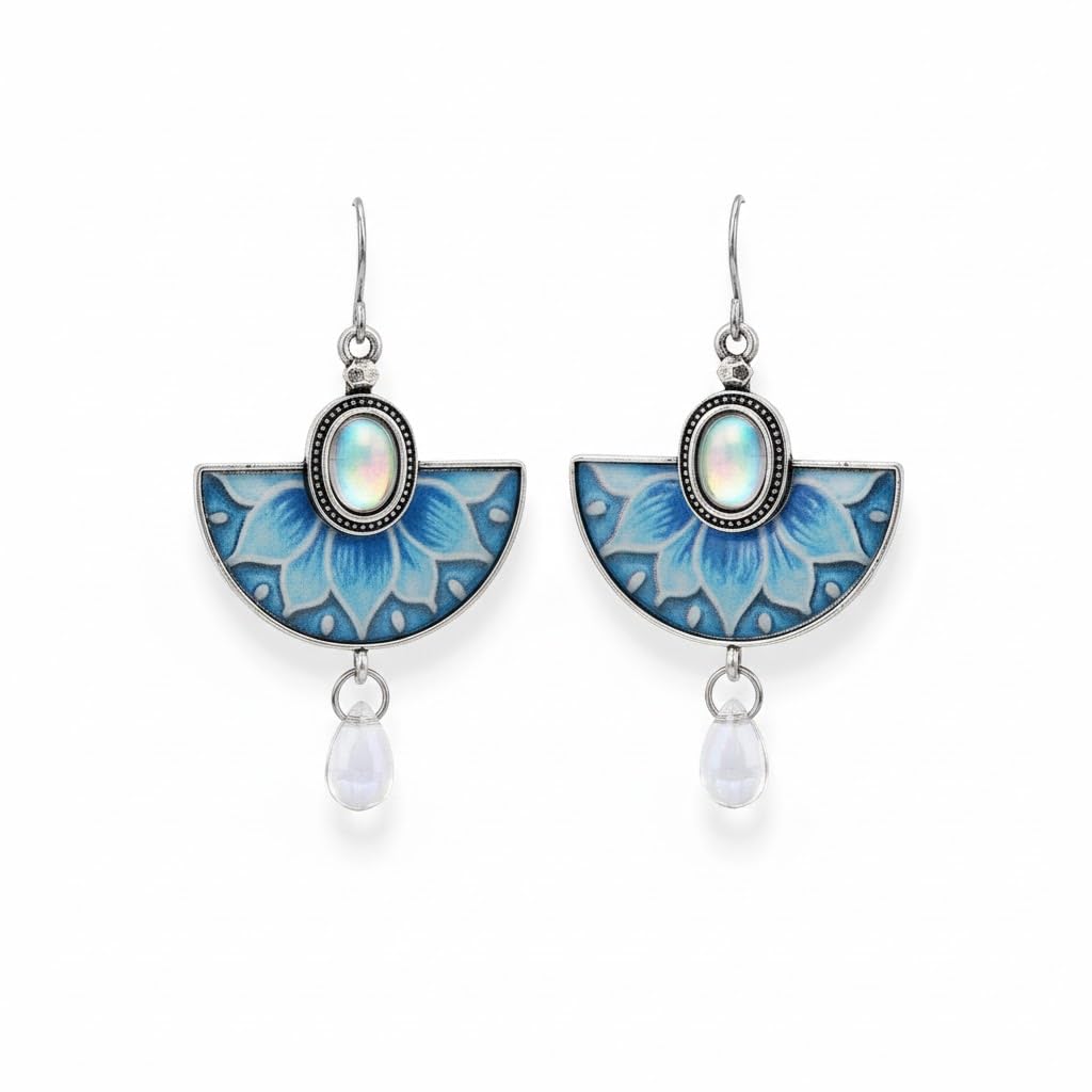 El Regalo Vintage Boho Lotus Flower Dangle Earrings for Women - Blue Enamel Fan-Shaped Drop Earrings with Iridescent Moonstone Center & Crystal Drip - Ethnic Gypsy Style Jewelry