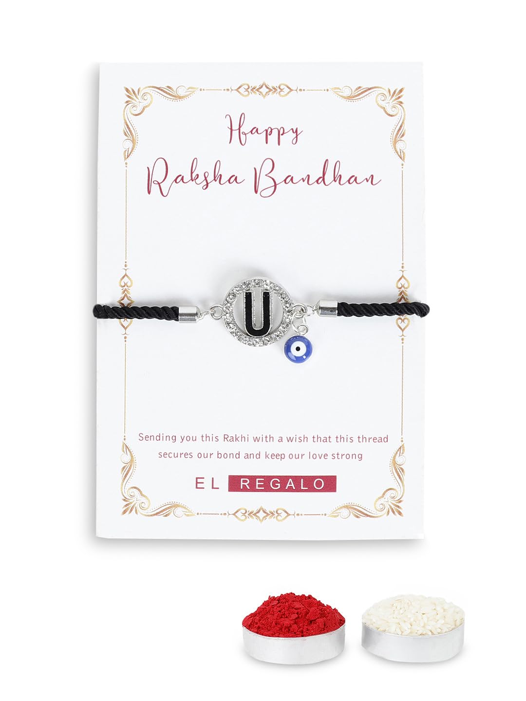 El Regalo Name Initials Evil Eye Bracelet Rakhi for Brother- Name Letter CZ Rakhi with Roli Chawal, Message Card in Rakshabandhan Box for Bhai (Black-U)