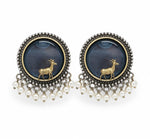 El Regalo Big Antique Oxidised Vintage Stud Earrings for Women and Girls | Boho Ethnic Statement Dual Tone Ear Tops with 3D Gold Deer Motif & Hanging Pearl Drops | Premium Traditional Festive Gift Jewelry (Grey)