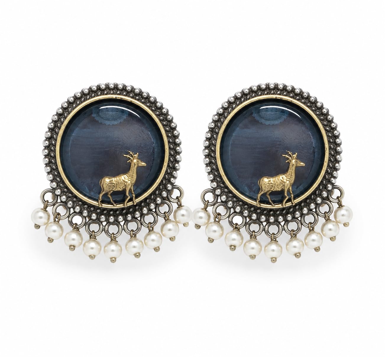 El Regalo Big Antique Oxidised Vintage Stud Earrings for Women and Girls | Boho Ethnic Statement Dual Tone Ear Tops with 3D Gold Deer Motif & Hanging Pearl Drops | Premium Traditional Festive Gift Jewelry (Grey)