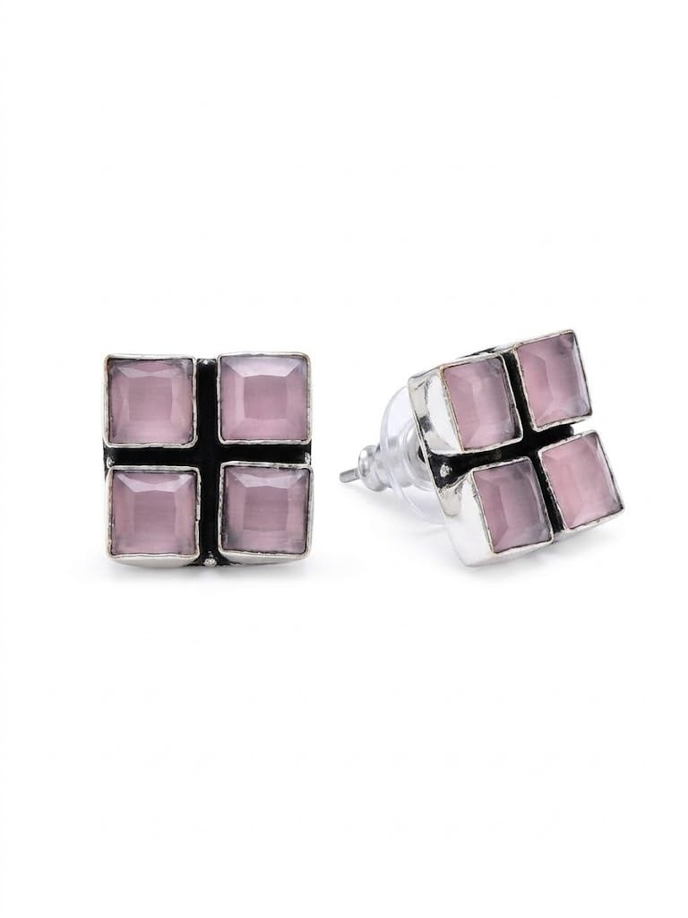El Regalo 925 Silver Plated Oxidized Stud Earrings with Monalisha Stones - Square Bohemian Stud Earrings for Women - Tribal Antique Replica Earrings (Pastel Pink)