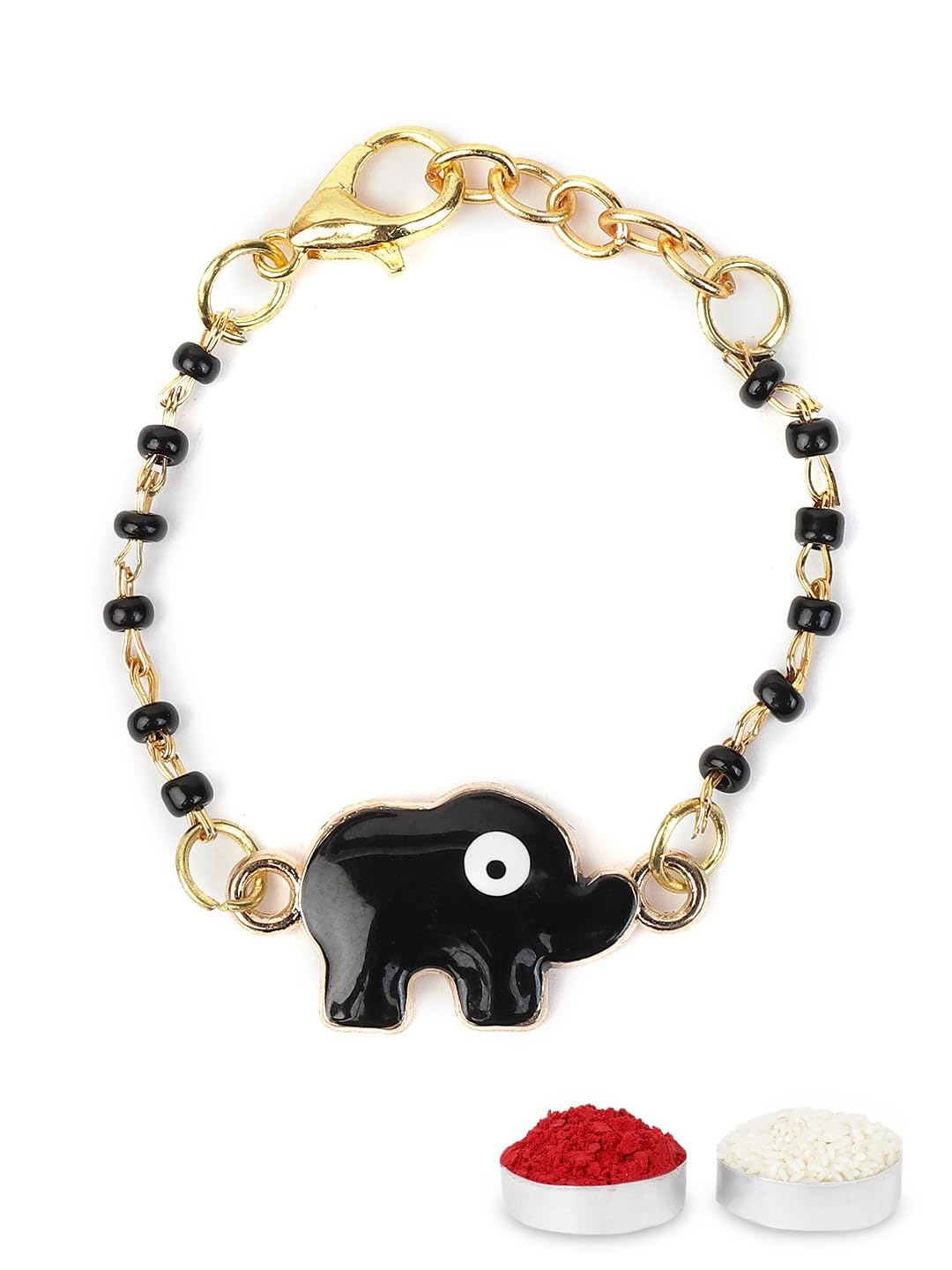 El Regalo Cute Evil Eye Nazaria Bracelet Rakhi for Babies/Kids with Roli Chawal, Rakhi Message card in Rakhi Gift Box- Baby Nazaria Rakhi (Black Elephant Nazaria Rakhi)