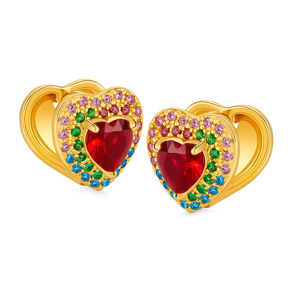 El Regalo 18K Gold Plated Heart Hoop Earrings for Women & Girls | Luxury Colorful Zircon Crystals Heart Hoops | Trendy Hoops Earrings (Ruby Red)