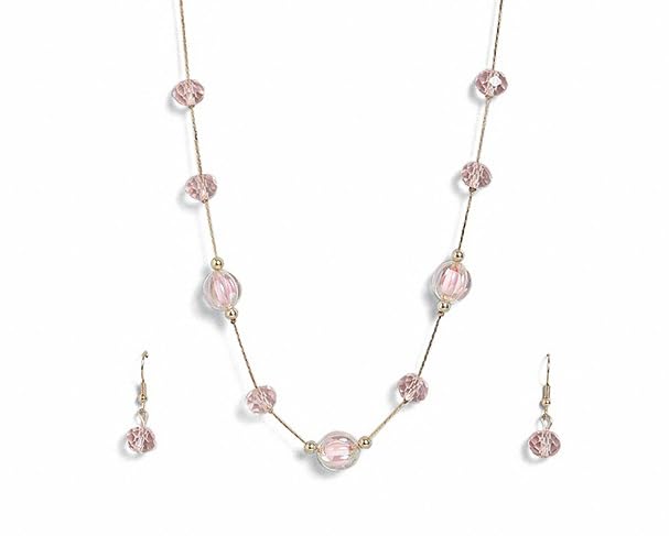 El Regalo 2PCs Crystals Beads Necklace & Earrings Jewelry Set for Kids/Girls & Teens - Shimmering/Matt Crystal Beads Fancy Jewelry Set (Pink Crystals)