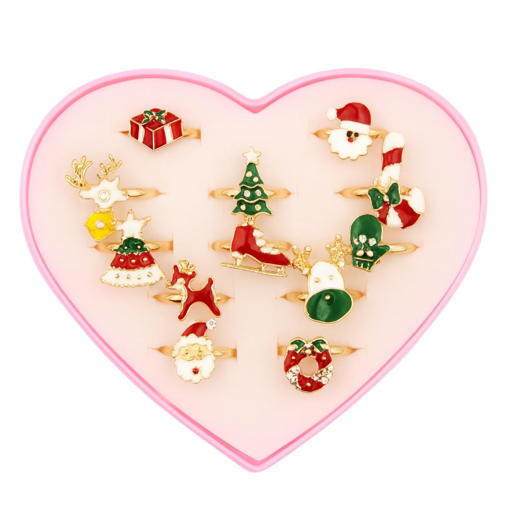 El Regalo 12 Pcs Christmas Adjustable Rings Set for Kids/Girls/Teens/Women | Cute Xmas Party Favour Rings with Heart Gift Box | Santa, Reindeer, Christmas Tree, Snowman, Candy Cane, Wreath Designs