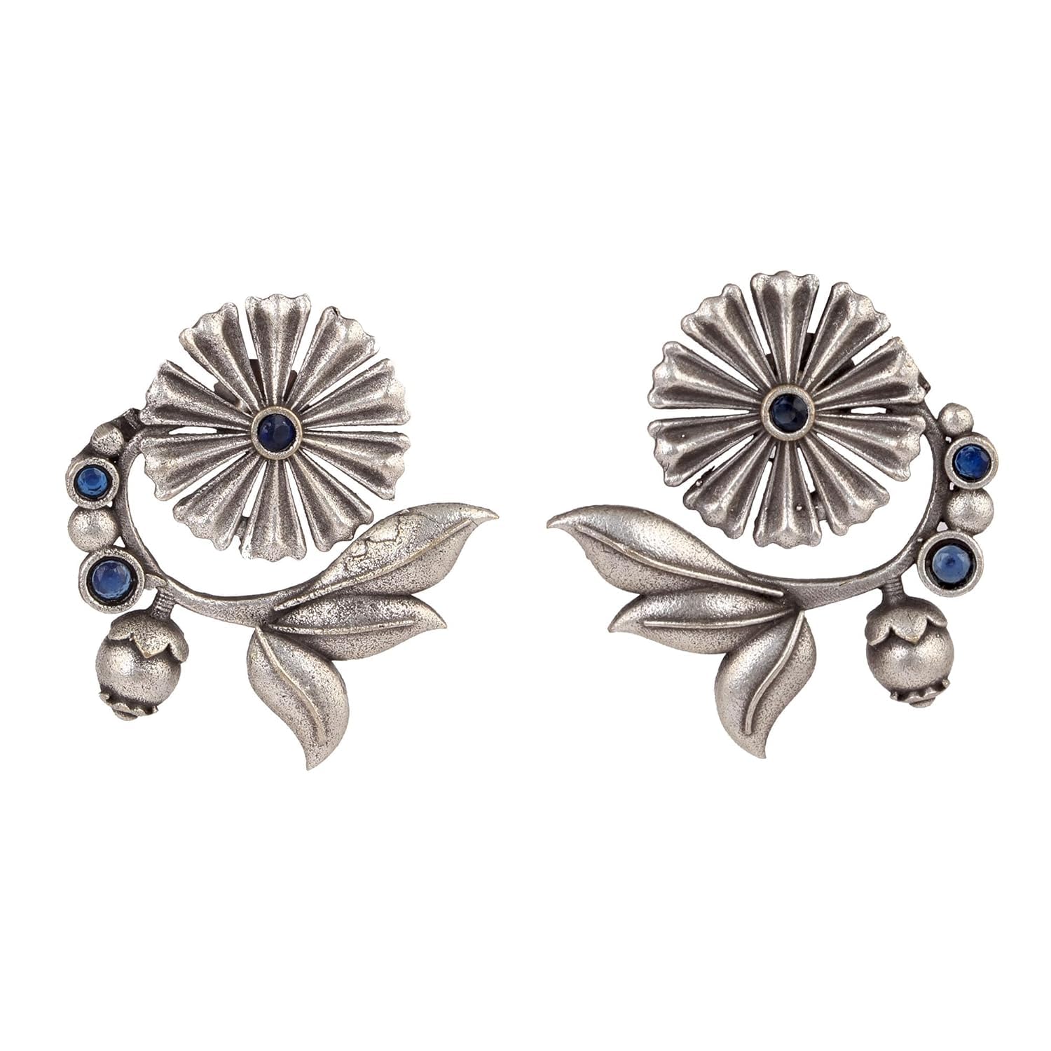 El Regalo Oxidized Brass Earrings for Women - Silver Lookalike/Silver Replica Floral Leaves Stones Statement earrings for Girls & Women- Handmade Earrings (Blue)
