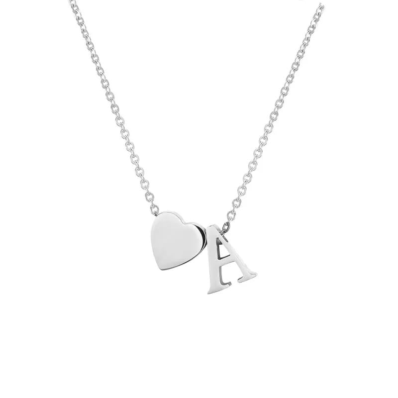 El Regalo Heart A Initial Letter Pendant Necklace- Stainless Steel A Heart Necklace for Girls & Women (Silver)