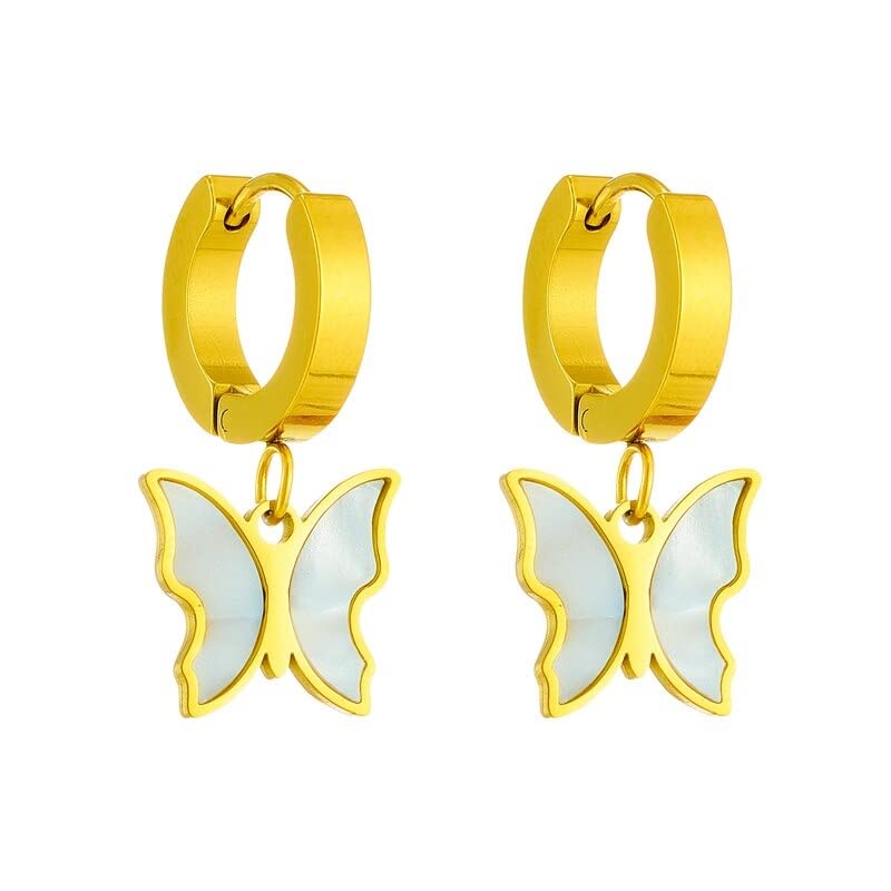 El Regalo Stainless Steel Dangle Butterfly Earrings for Women/Girls- Ati Tarnish- NO RUST Butterfly Drop Hoop Earrings (White)