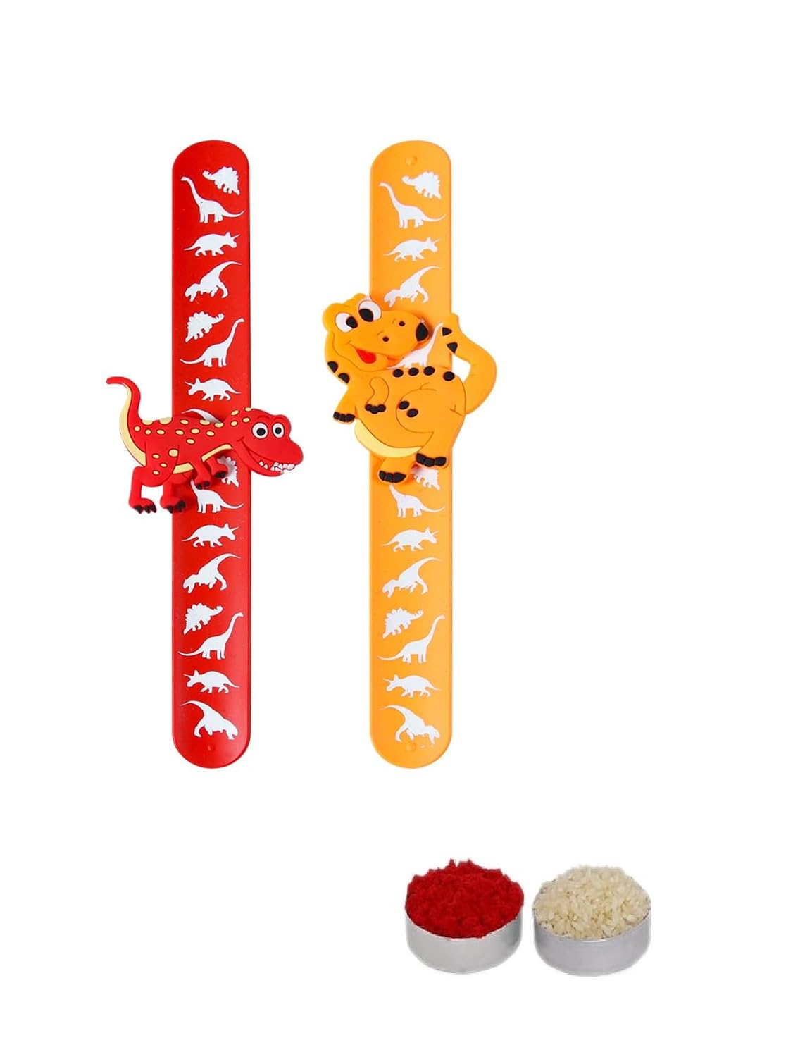 El Regalo 2PCs Kids Dianosaur Slap Band Rakhi for Little Brother or Sister- Colorful Dinosaur Fun Kids Rakhi with Roli Chawal in Rakhi Gift Box for Brother/Niece or Nephew (Red & Orange)