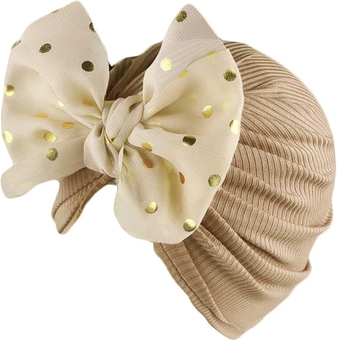 El Regalo 1PC Baby Turban Headband - Soft Nylon Bow with Golden Polka Dots - Newborn to Toddler Headwrap for Baby Girls - Stretchy & Comfortable Fit for 6 Months to 5 Years (Golden, One Size)