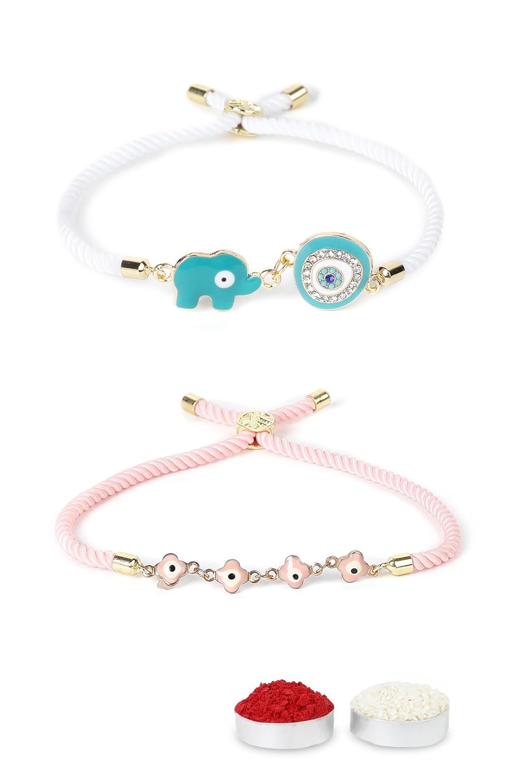 El Regalo Designer Rakhi Set for Bhaiya & Bhabhi - 2PCs CZ Evil Eye Hamsa Hand Bracelet Rakhi Combo with Roli Chawal & Rakhi Message Card in Gift Box (Elephant Evil Eye Combo)