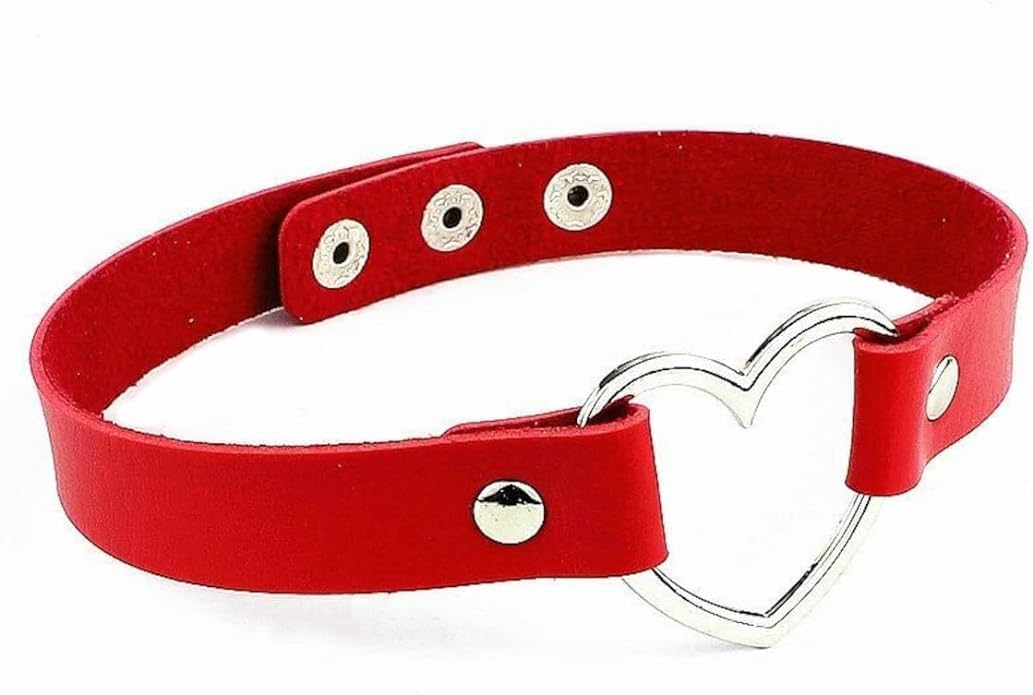 El Regalo Vintage PU Leather Love Heart Choker Necklace for Girls/Women- Western Gothic Punk Collar Choker Necklace (Red)