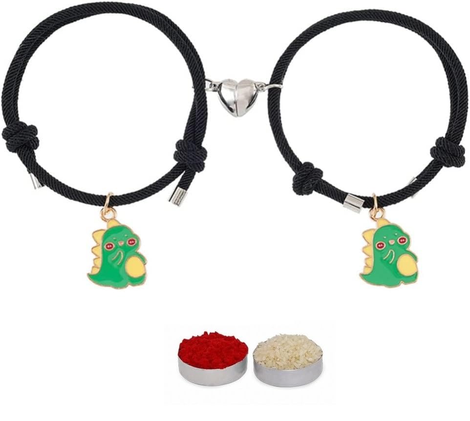El Regalo 2PCs Cute Kids Dinosaur Magnetic Heart Rakhi Combo Sets- Fancy Rakhi for Brother/Sister/Niece or Nephew with Roli Chwal, Rakhi Message Card in Rakhi Box for Babies/Toddlers/Kids