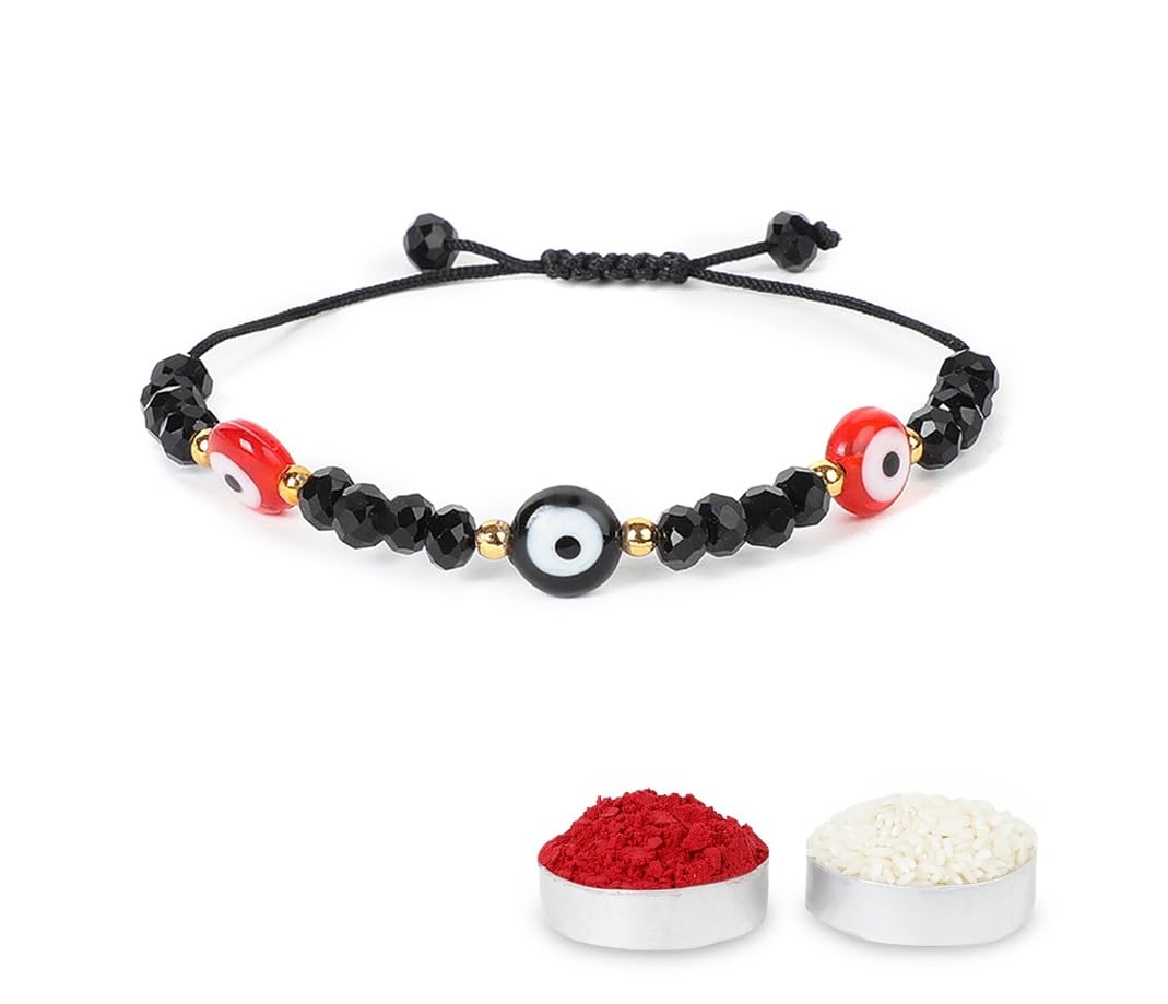 El Regalo 1PC Cute Evil Eye Nazaria Rakhi Box for Babies/Toddler/Kids/Girls & Boys Glass Faceted Beads Evil Eye Nazaria Rakhi with, Message Card in Rakhi Gift Box (Option-2)